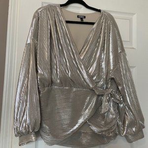 Metallic Foil Pleated Wrap Tie Waist Top
